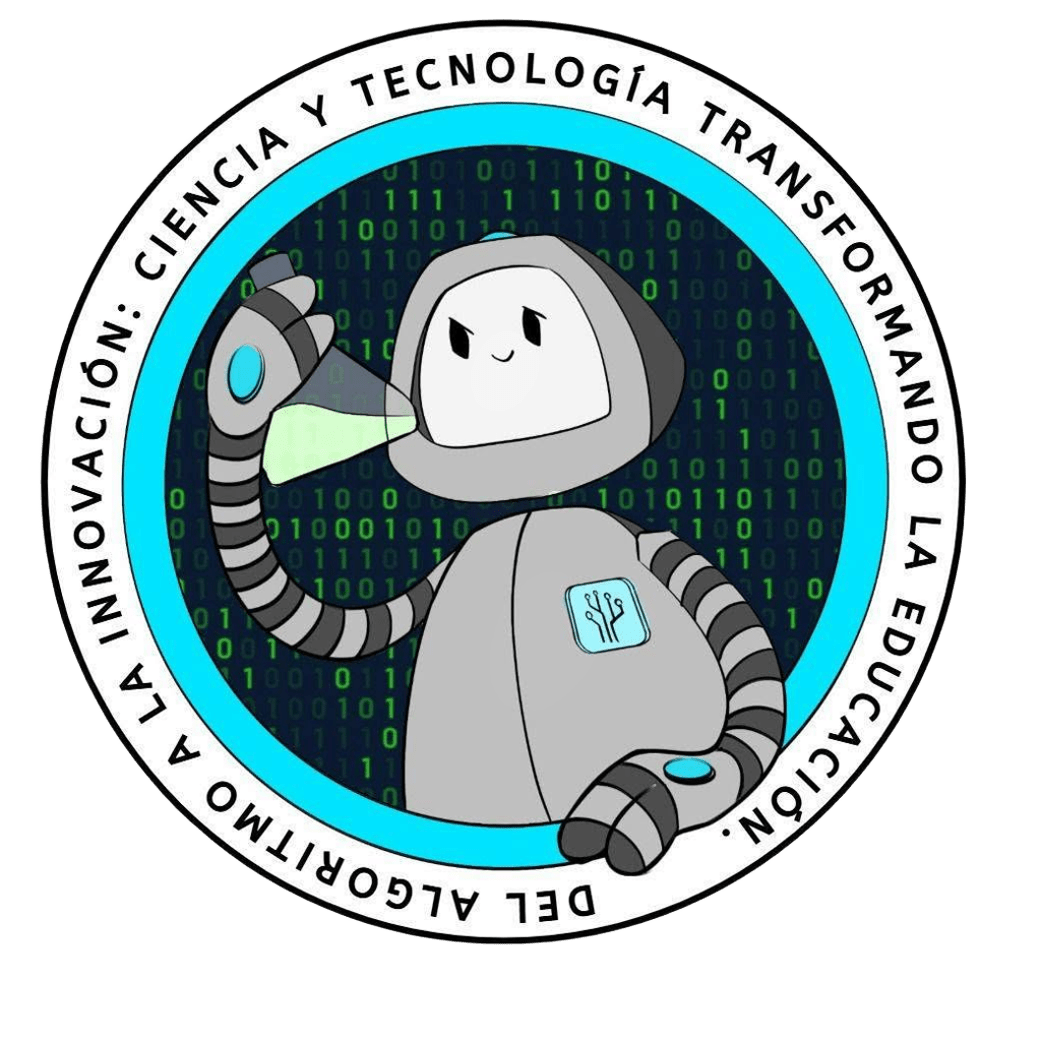 Logo: robot con un matraz sobre lluvia de código binario